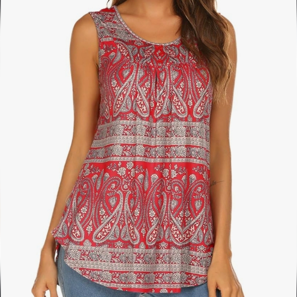 🆕️ HALIFE Red Paisley Stretch Pleated Sleeveless Top SIZE: M